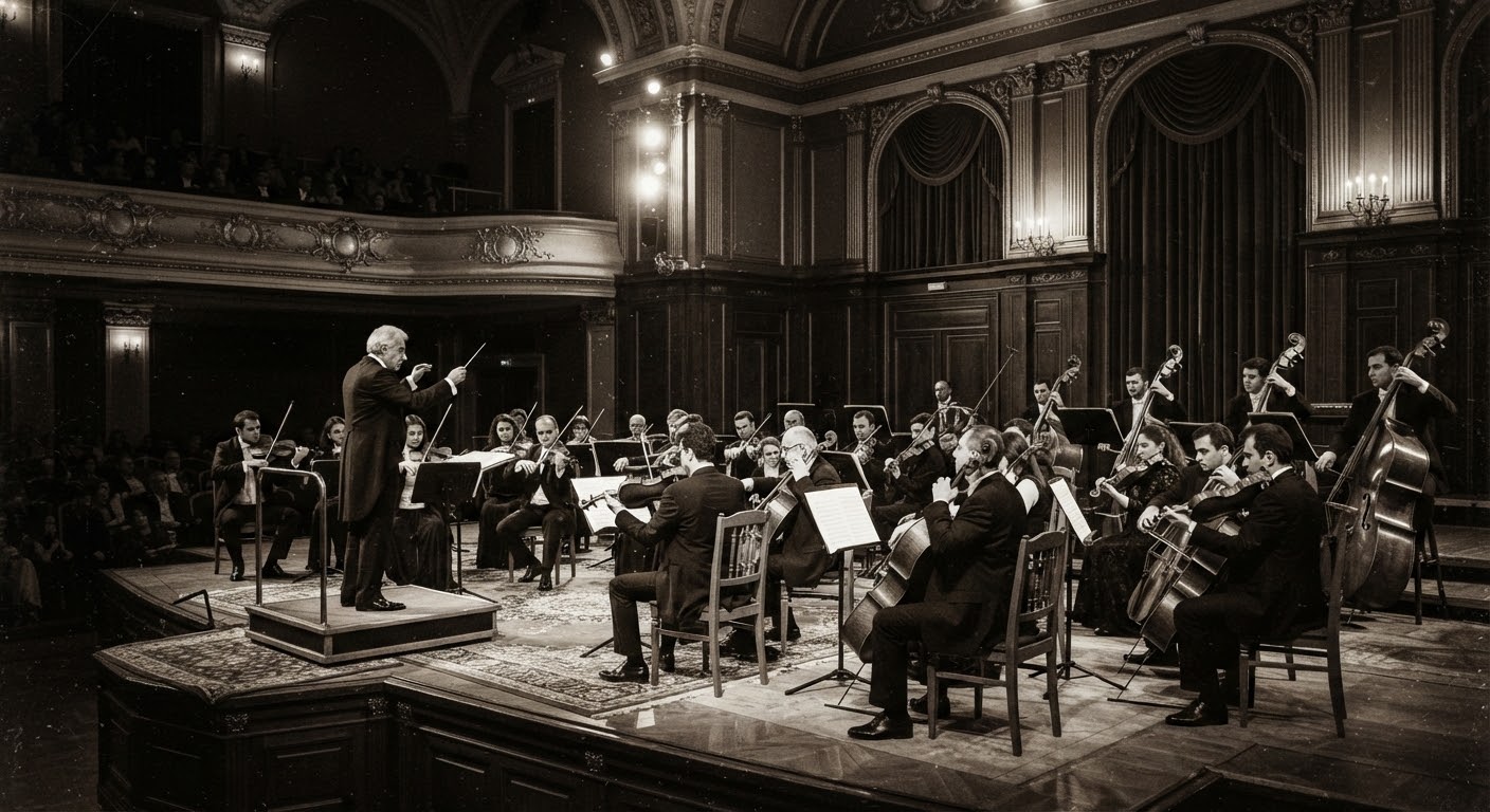 Chamber orchestra musicians performing on stage in a historic concert hall