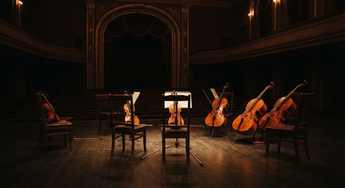Warm, low-key lit concert stage with string instruments resting on chairs, evoking a chamber orchestra hall before a performance
